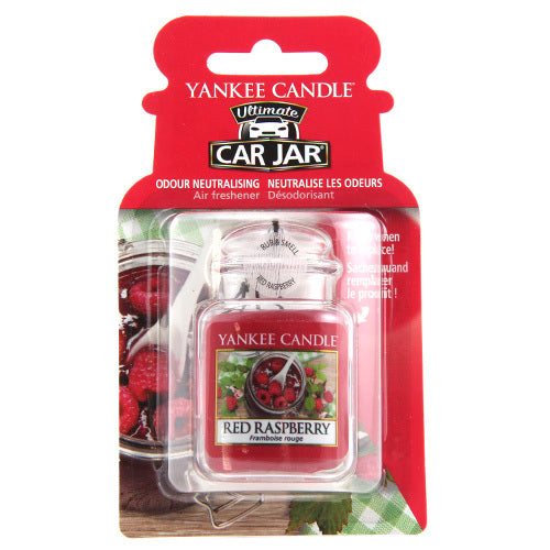 Yankee Cirle Red Raspberry Ultimate Car Jar (avietės) – prabangaus automobilio etiketė