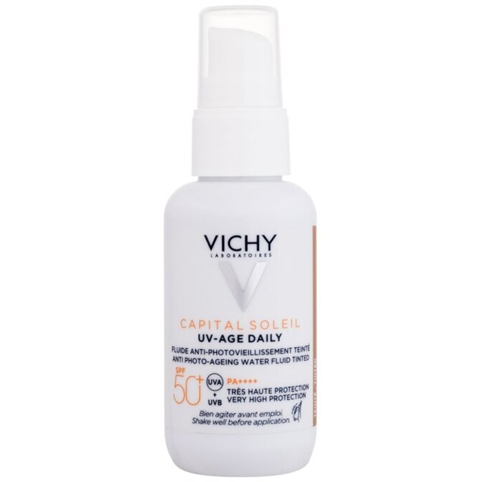 Vichy Capital Soleil UV-Age Daily Anti-Photo Aging virens fluidas su SPF50+ tonuotu kremu