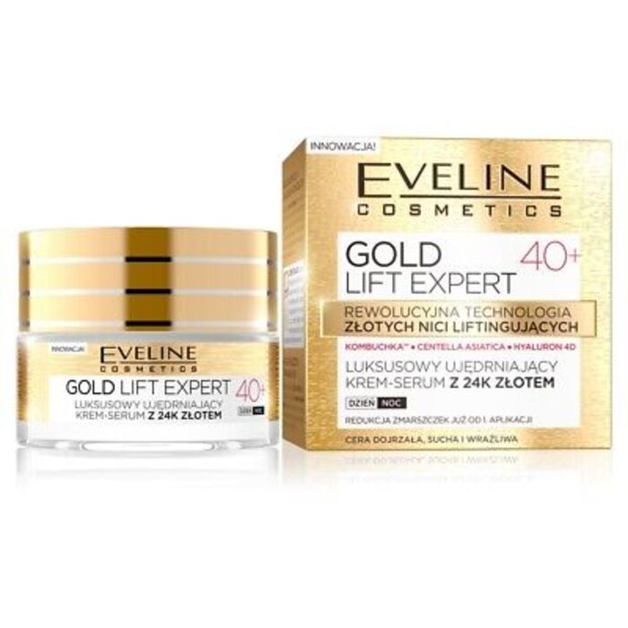 „Eveline Cosmetics Gold Lift Expert“ prabangus stangrinamasis kremas-serumas nuo raukšlių 40+ – stangrinamasis kremas nuo raukšlių.