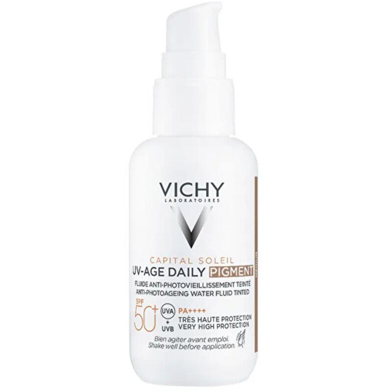 „Vichy Capital Soleil UV-Age Daily Pigment Fluid SPF 50+“ – tonuotas fluidas, apsaugantis nuo fotosenėjimo.
