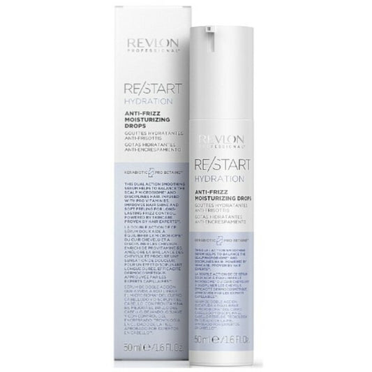 „Revlon Professional Restart Hydration Anti-Frizz“ drėkinamieji lašai – drėkinamasis serumas nuo plaukų šiaušimosi.