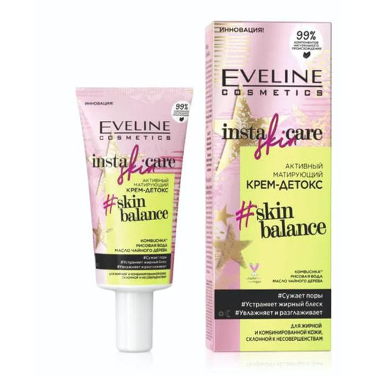 „Eveline Cosmetics Insta Skin Care Skin Balance“ matinį ir detoksikuojantį veido kremą – detoksikuojantis kremas probleminei odai