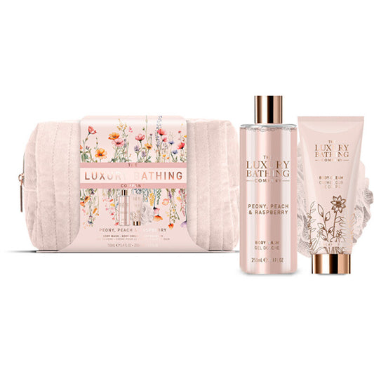 „Luxury Bathing Company“ kūno priežiūros dovanų rinkinys maišelyje (bijūnų, persikų ir aviečių)